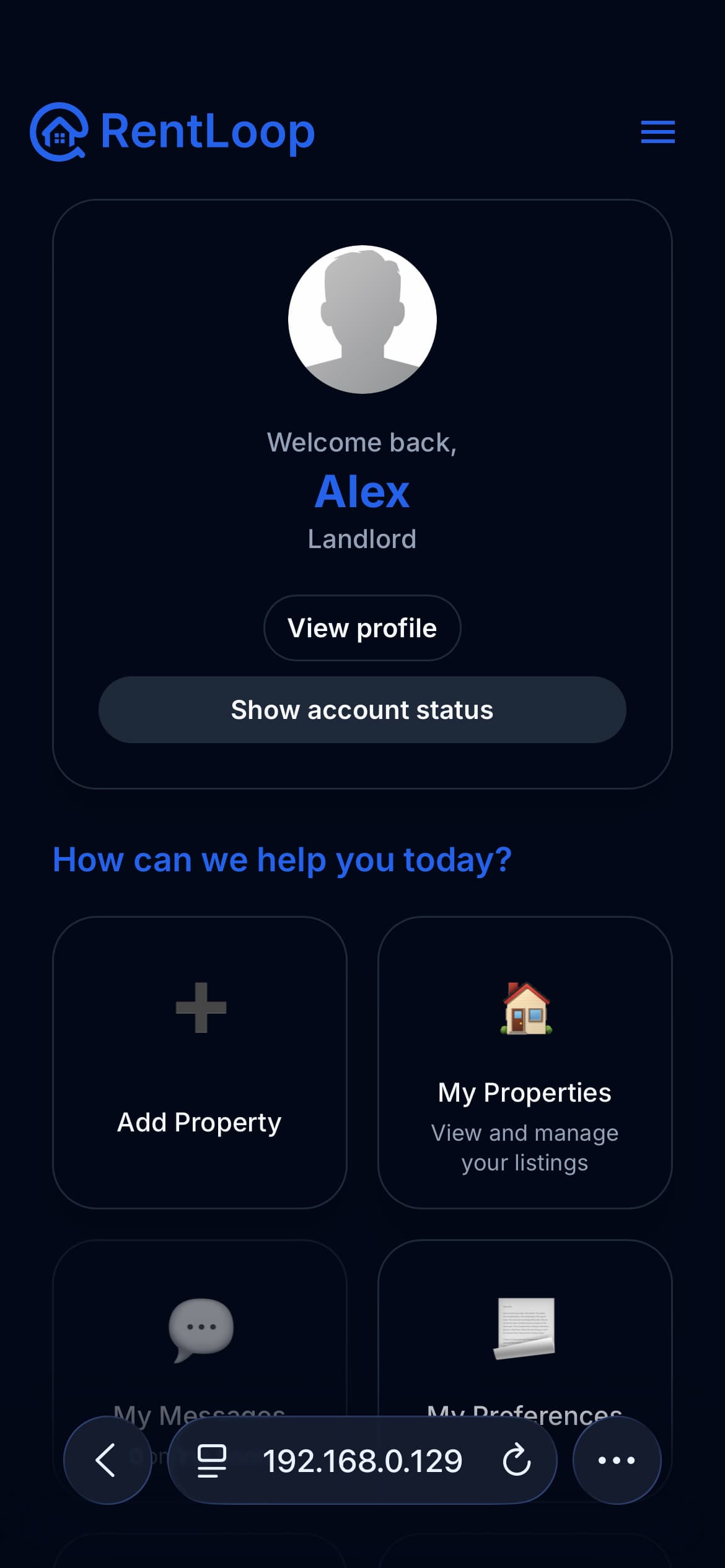 Mobile dashboard screenshot in dark mode