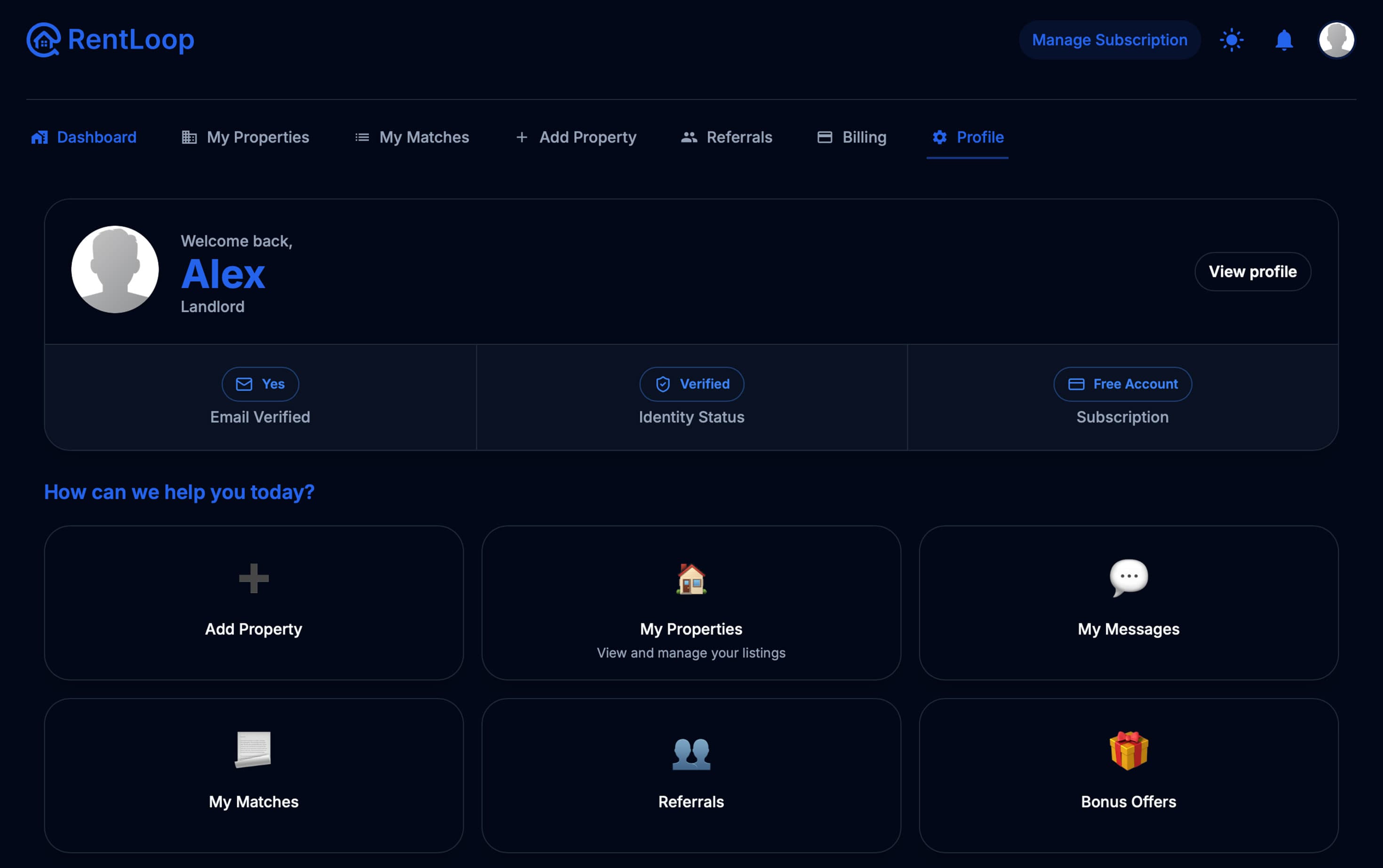 RentLoop Dashboard Screenshot in dark mode
